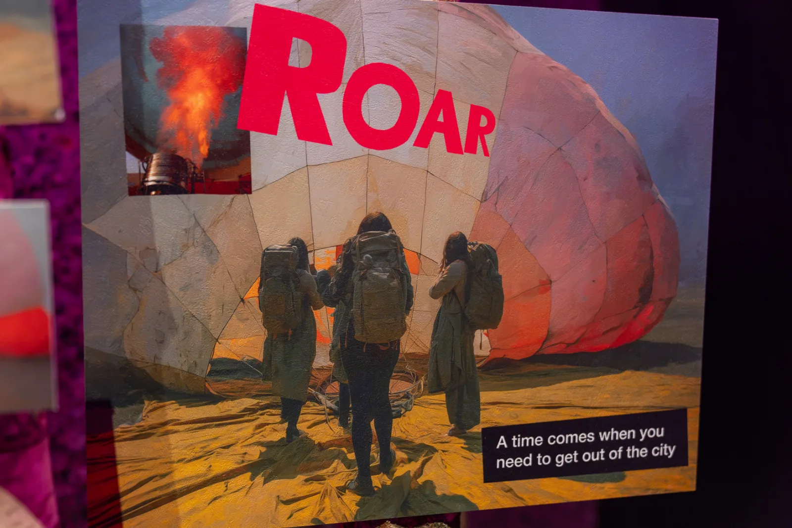 A graphic narrative panel headed ROAR showing three figures with backpacks walking towards an inflating balloon, In Other Worlds, Barbican Centre, London, 2026
