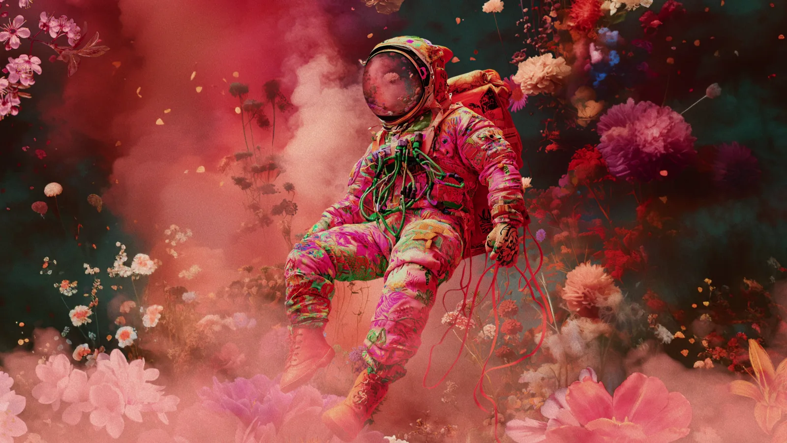 A figure in a floral pressure suit reclining among flowers and coloured smoke, film still from After the End by Liam Young, 2024