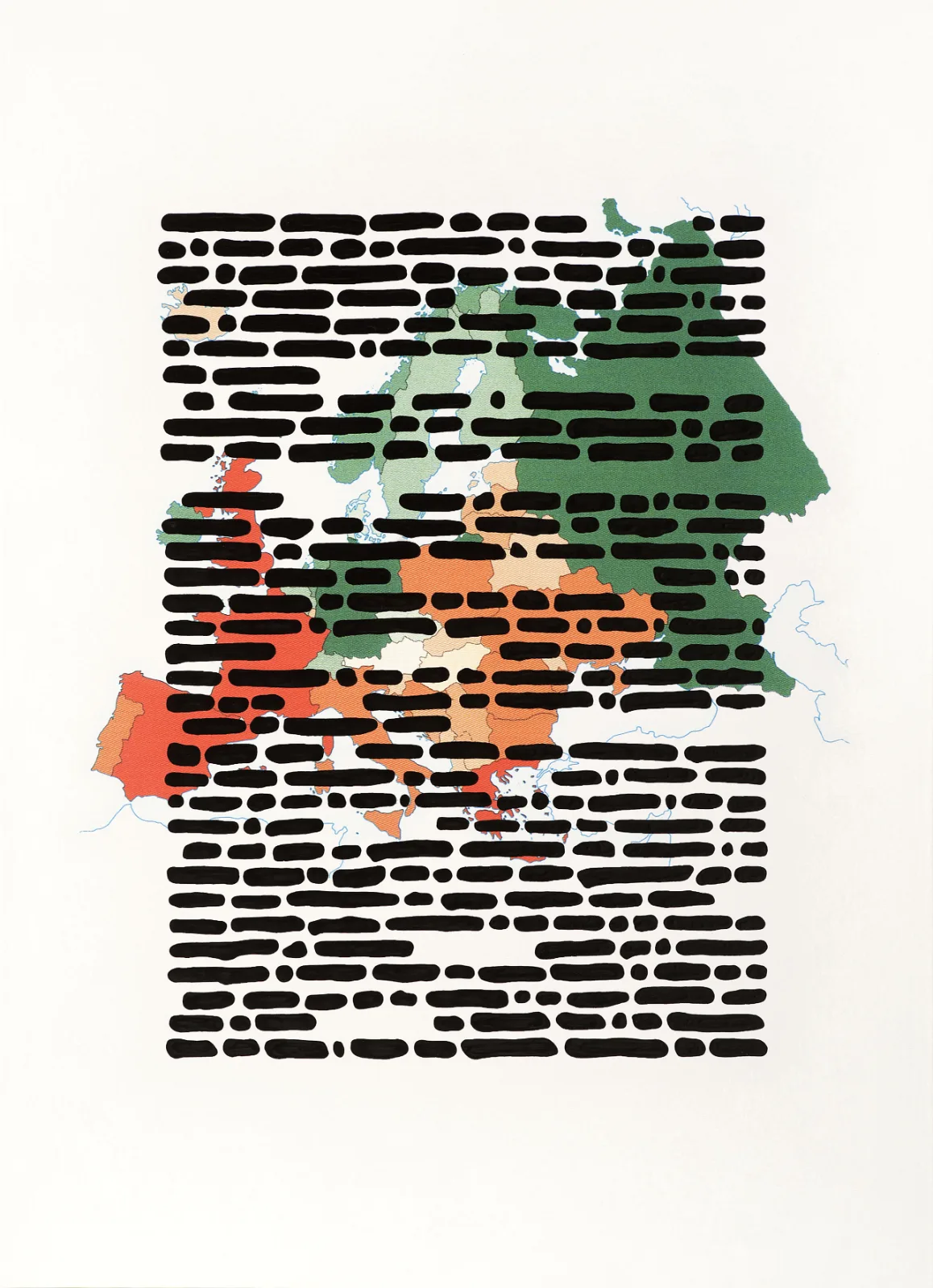 A colour-coded political map of Europe in greens, oranges and reds, largely covered by dense horizontal black strokes, with blue rivers still crossing the frontiers beneath