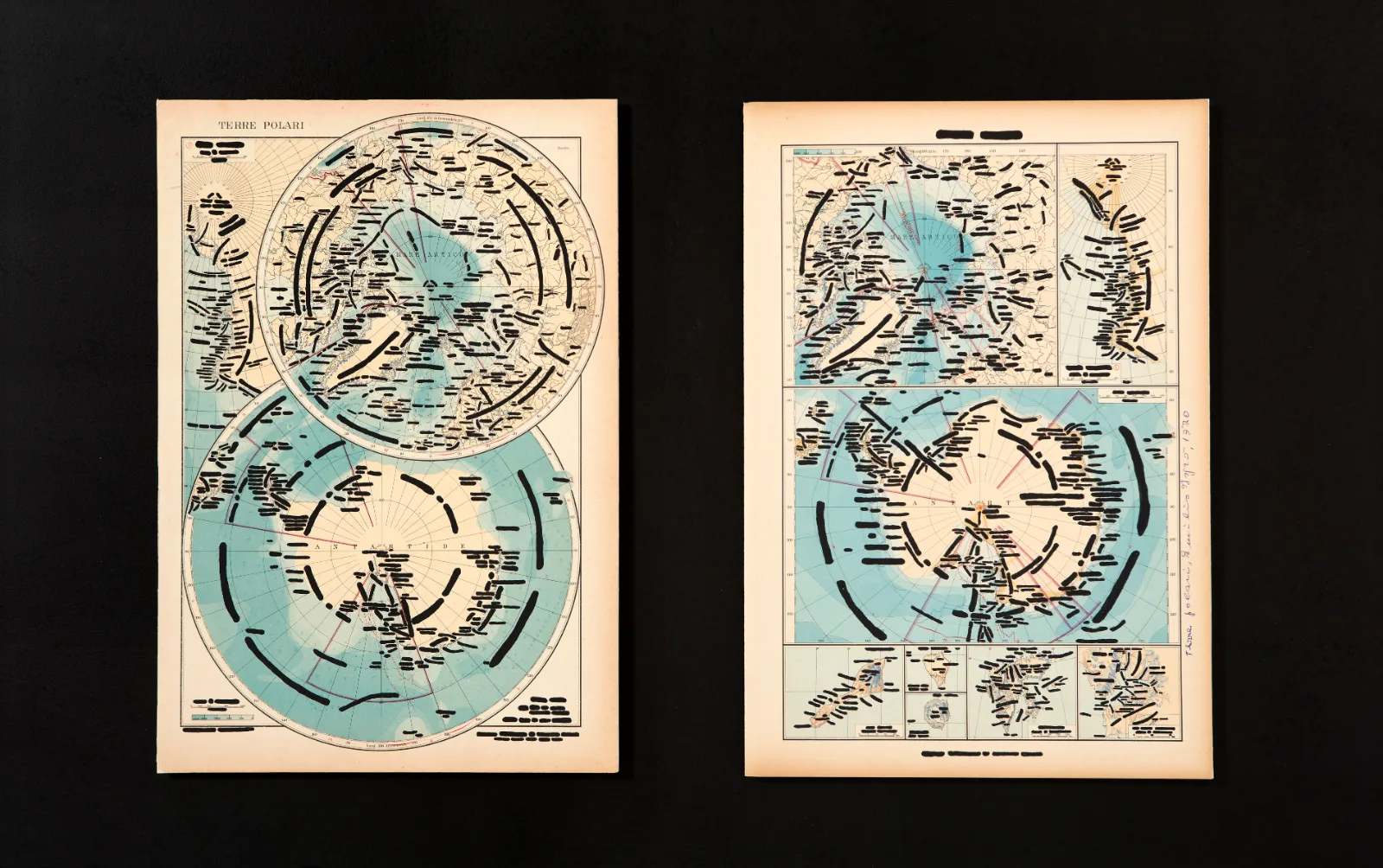 Two polar hemisphere charts covered in black ink strokes, with only the sheet title Terre polari and the names Mare Artico and Antartide left legible