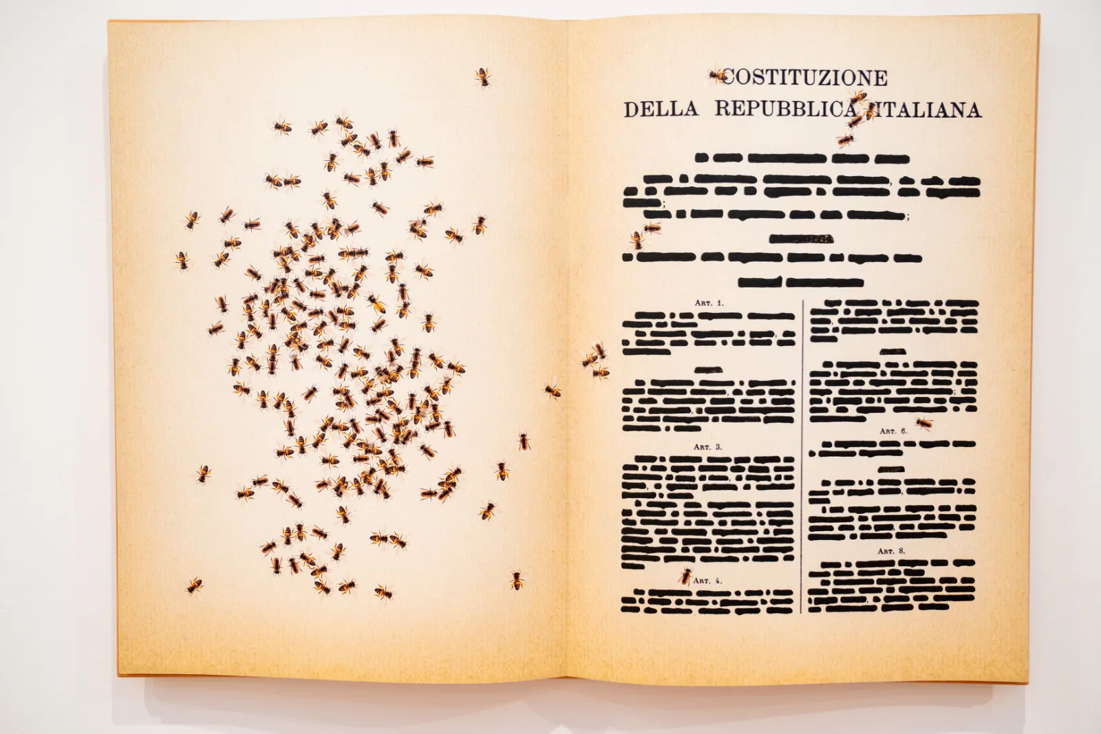 The Italian peninsula, Sicily, Sardinia and the Aegean drawn on a bare ground entirely by swarming bees, with a small block of black cancellations at the lower centre